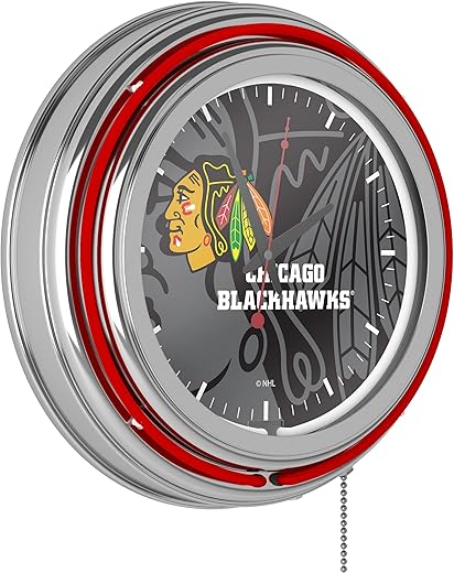 Trademark Global Neon Clock - Retro Chicago Blackhawks Watermark Analog Wall Clock with Pull Chain - for Kitchen, Garage, Game Room, or Home Bar