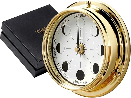 Traditional Northern Hemisphere Solid Brass Moon Phase Clock - Handcrafted in England, Heavy Brass Case (1/2kg), 6x2 Inches - Elegant Celestial Elegance and Lunar Phase Accuracy