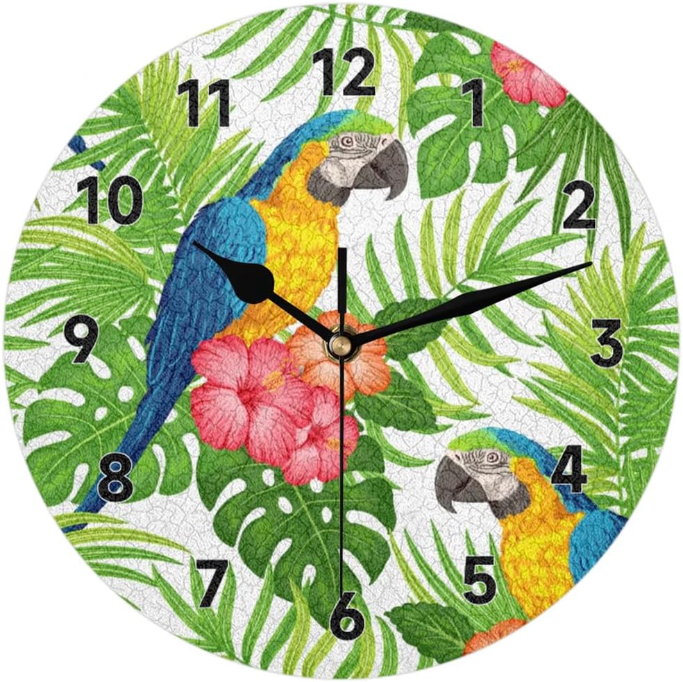 Tropical Floral Bird Macaw Parrot Wall Clock Non-Ticking Silent Round Large Wall Clocks Battery Operated for Home Decor Living Room Bedroom Classroom Office Bathroom 12 in