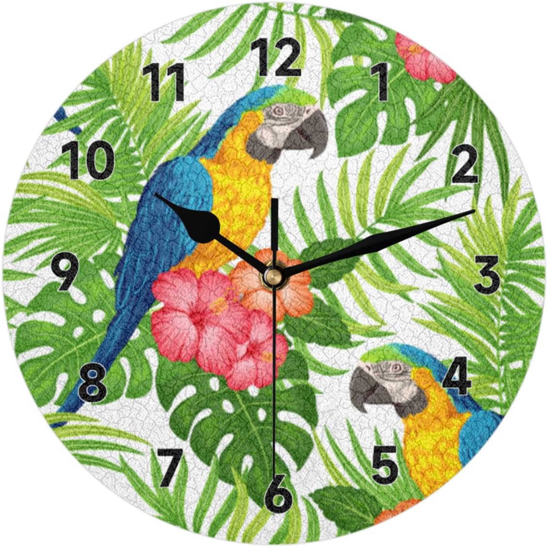 Tropical Floral Bird Macaw Parrot Wall Clock Non-Ticking Silent Round Wall Clocks Battery Operated Modern Home Decor for Living Room Bedroom Classroom Office Bathroom 9.8 Inch