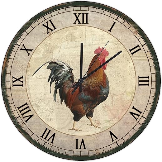 UFunhome 10-Inch Retro Wall Clock, Round Silent Non Ticking Battery Operated Clock Wood for Loft/Living Room/Classroom Decoration, Vintage Style French Damask Black N White Rooster