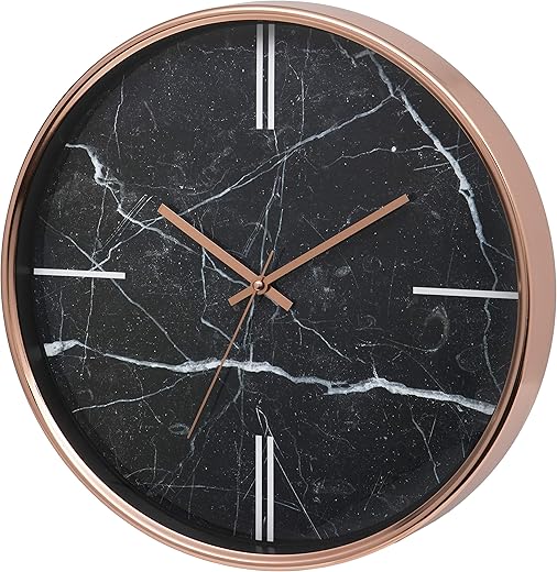 Unity Wall Clock, Bolton Marble Effect, Silent Sweep, Modern, Black, 38cm / 15-inch