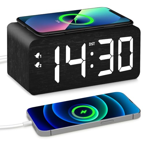 URAYCO Wood Digital Alarm Clock with 10W Fast Wireless Charger, USB Charging Ports, DST, Dimmable, Snooze, Large Number LED Display for Bedrooms, Desk, Living Room Table, Bedside, Nightstand (Black)