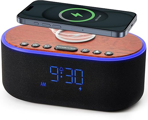 uscce Alarm Clock Bluetooth FM Radio: 10W Stereo Sound Speaker - Fast Wireless Charging for iPhone Samsung - Dimmable Clock Radio for Bedroom