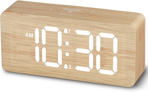 uscce Wooden Digital Alarm Clocks for Bedrooms: Dimmable Dual Alarm Clock with Large Numbers for Bedside Desk - Bamboo