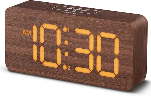 uscce Wooden Digital Alarm Clocks for Bedrooms: Dimmable Dual Alarm Clock with Large Numbers for Bedside Desk - Brown