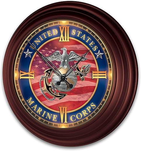 USMC Outdoor Illuminated Atomic Wall Clock Featuring A Glass-Encased Face with Roman Numerals & The U.S. Marine Corps Emblem