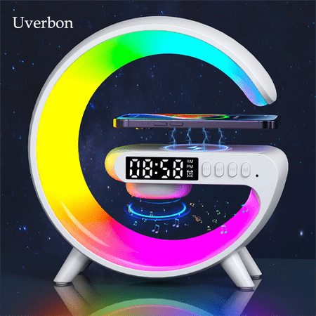 Uverbon wireless charger with speaker stand, TF card, RGB nightlight, alarm clock, S6 fast charging station for iPhone Samsung Xiaomi