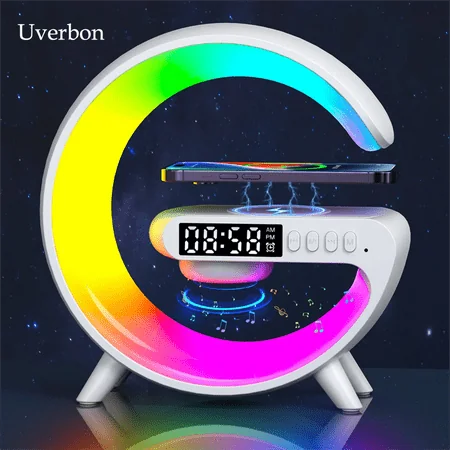 Uverbon wireless charger with speaker stand, TF card, RGB nightlight, alarm clock, S6 fast charging station for iPhone Samsung Xiaomi