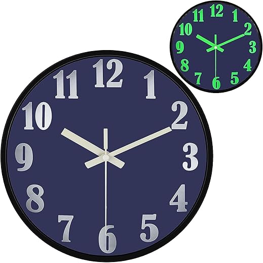 VECELO Night Light Wall Clocks Silent Clock Non-Ticking 12 Inches Clock, Glow in Dark Clock for Home Bedroom Kitchen Living Room, Blue