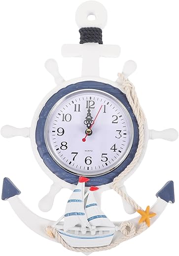 Veemoon Anchor Clock Mediterranean Style Wall Clock Sea Theme Nautical Ship Wheel Rudder Steering Wheel Decoration Wall Hanging Decor