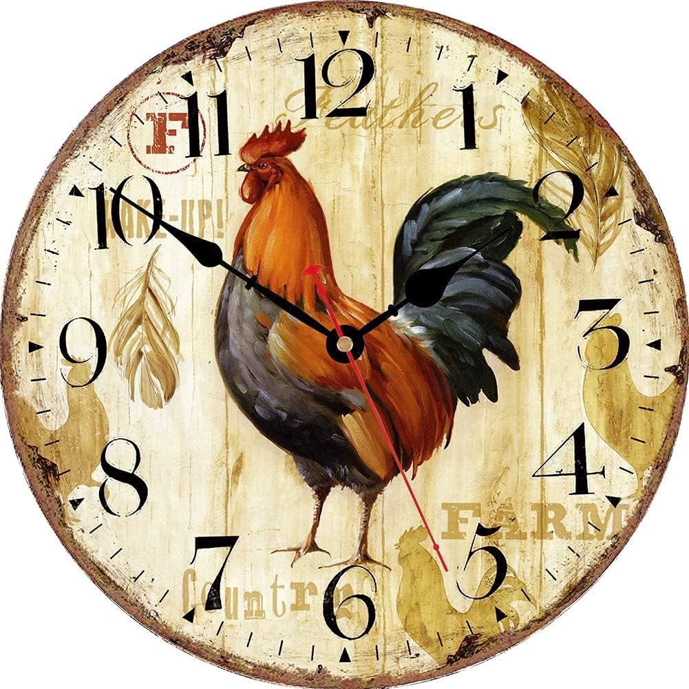 VIKMARI Kitchen Wall Clock 8 Inch Rustic Vintage Rooster Silent Non Ticking Round Quartz Wooden Wall Clocks Battery Operated Easy to Read Retro Decorative Home Decor for Living Room,Bedroom,Kids Room