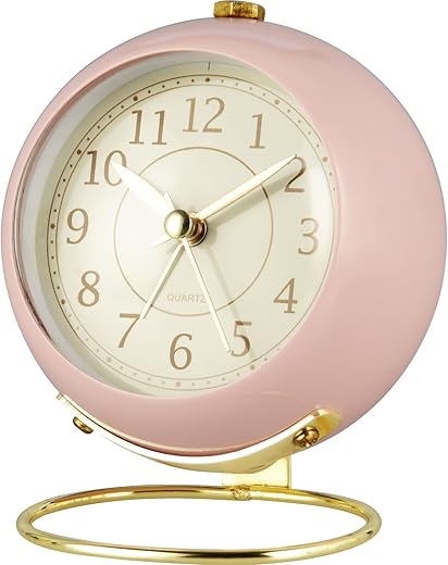 Vintage Alarm Clock, Non Ticking, Silent Bedside Clock with Loud Alarm for Heavy Sleepers, Cute Sphere Design for Decor and Gifts, Battery Opreated Quartz Clock, Pink