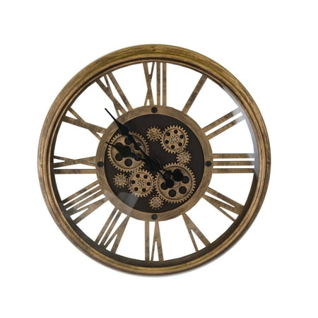 Vintage Style Metal Skeleton Wall Clock With Moving Gears and Roman Numerals on Glass