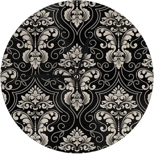 VOSERY Elegant Black Floral Damask Wall Clock Silent Non Ticking - 10 Inch Battery Operated Modern Clocks for Living Room Bedroom Kitchen Bathroom Office, Decorative Clocks