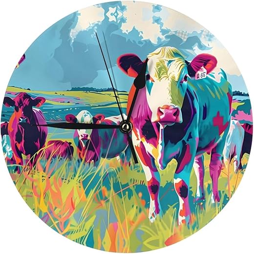 VOSERY Pop Art Colorful Cows Wall Clock Silent Non Ticking - 10 Inch Battery Operated Modern Clocks for Living Room Bedroom Kitchen Bathroom Office, Decorative Clocks