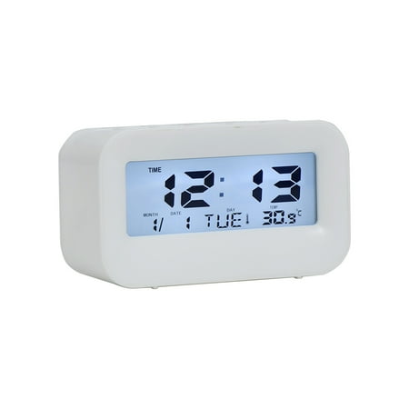 Wadada Small Digital Alarm Clock for Bedrooms Bedside, Alarm Clock for Bedroom with Smart Night Light, Indoor Temperature, Large LED Display, Battery Operated Desk Clock for Kids Birthday(White)