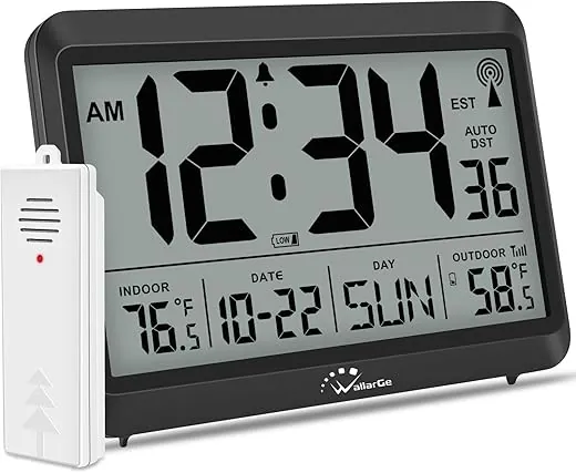 WallarGe Atomic Clock with Indoor Outdoor Temperature - 8.5'' Digital Clock Battery Operated, Self-Setting, 4 Time Zones, DST