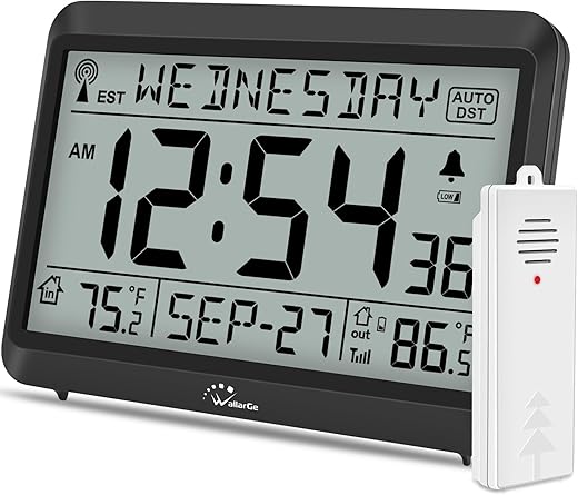 WallarGe Atomic Clock with Indoor Outdoor Temperature, Self-Setting Digital Wall Clock Battery Operated, 4 Time Zones, DST