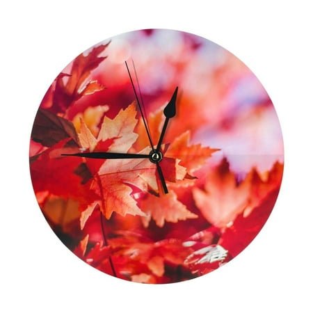 Wall Clock - Autumn Maple Leaves 9.8 Inch Silent Non Ticking Modern Round Wall Clocks Battery Operated Classic Clock for Bedroom, Living Room, Office, Home, Kitchen, Bathroom