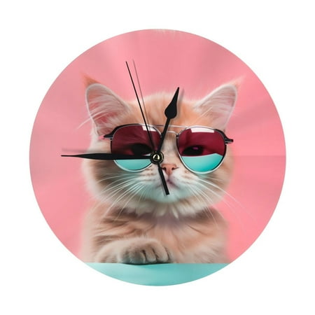 Wall Clock - Cool Cat Pink Sunglasses 9.8 Inch Silent Non Ticking Modern Round Wall Clocks Battery Operated Classic Clock for Bedroom, Living Room, Office, Home, Kitchen, Bathroom