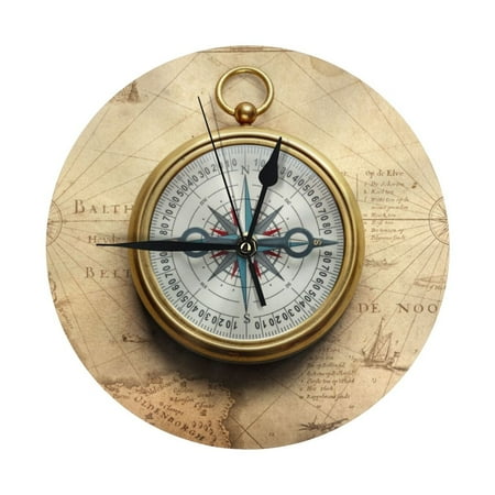 Wall Clock - Magnetic Old Compass On World Map 9.8 Inch Silent Non Ticking Modern Round Wall Clocks Battery Operated Classic Clock for Bedroom, Living Room, Office, Home, Kitchen, Bathroom