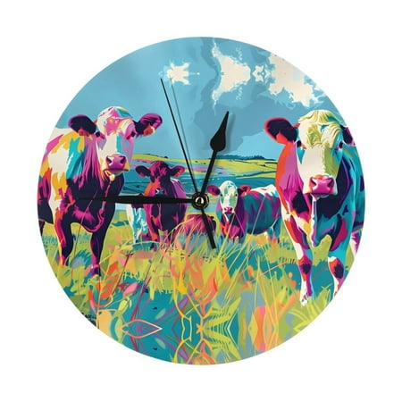 Wall Clock - Pop Art Colorful Cows 9.8 Inch Silent Non Ticking Modern Round Wall Clocks Battery Operated Classic Clock for Bedroom, Living Room, Office, Home, Kitchen, Bathroom