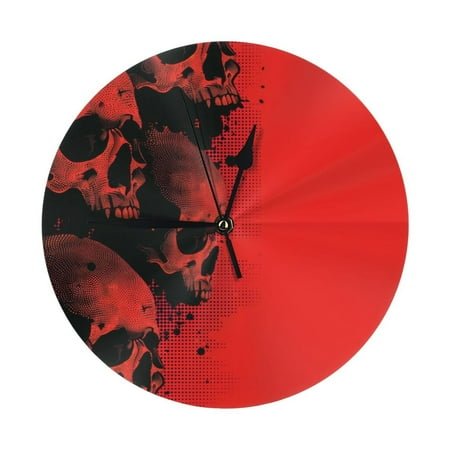 Wall Clock - Red and Black Abstract Skull 9.8 Inch Silent Non Ticking Modern Round Wall Clocks Battery Operated Classic Clock for Bedroom, Living Room, Office, Home, Kitchen, Bathroom