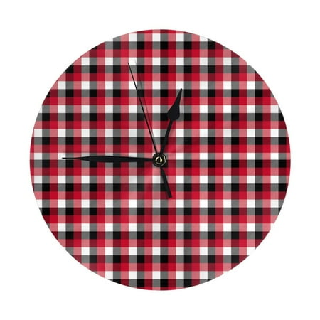 Wall Clock - red black buffalo plaid 9.8 Inch Silent Non Ticking Modern Round Wall Clocks Battery Operated Classic Clock for Bedroom, Living Room, Office, Home, Kitchen, Bathroom