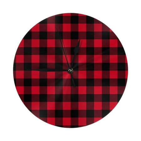 Wall Clock - Red Black Twill Stripe Plaid 9.8 Inch Silent Non Ticking Modern Round Wall Clocks Battery Operated Classic Clock for Bedroom, Living Room, Office, Home, Kitchen, Bathroom