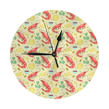 Wall Clock - Shrimp Lemons Yellow 9.8 Inch Silent Non Ticking Modern Round Wall Clocks Battery Operated Classic Clock for Bedroom, Living Room, Office, Home, Kitchen, Bathroom