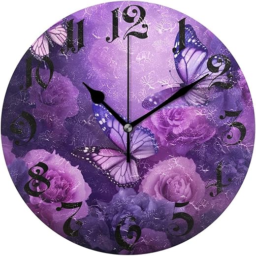 Wall Clock - Silent Non-Ticking, Battery Operated, 10 Inch Purple Butterfly Clock Decorative for Home, Bedroom, Living Room - Modern Decor Wall Clock