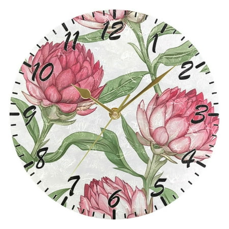 Wall Clock 10 Inch Battery Operated Clocks Living Room Decor, Silent Non-Ticking for Living Room Home Kitchen office Cartoon Clock Pink and Red Artichoke Flower