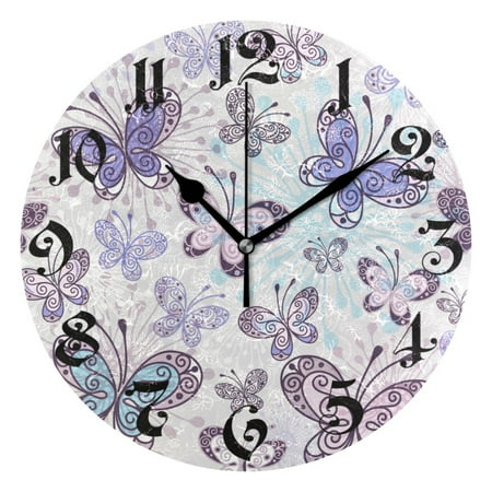 Wall Clock 10 Inch Silent Non-Ticking 8 Purple Butterfly Battery Operated Rustic Retro for Living Room Home Kitchen Bathroom