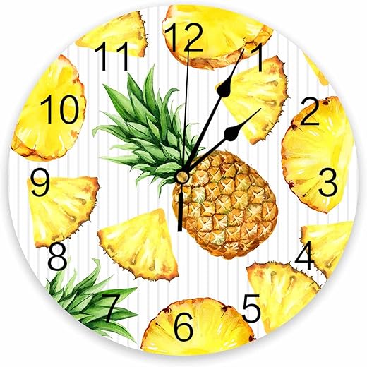 Wall Clock 10 Inch Silent Non-Ticking, Fruit Pineapple Texture Round Decorative Clock for Living Room Bedroom Kitchen School Easy to Read Battery Operated Mute Clock, Pineappletue67136