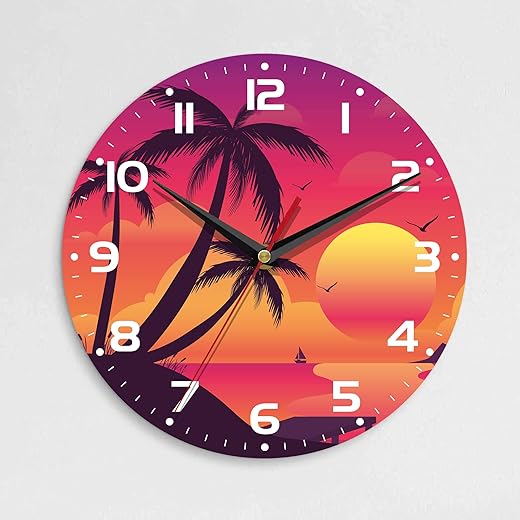 Wall Clock, 10 Inch Silent Non-Ticking Home Kitchen Decor, Battery Operated for Bathroom Bedroom Living Room Office(Tropical Palm Sunset)