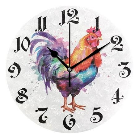 Wall Clock 10 Inch Silent Non-Ticking Roosters Pattern Battery Operated Rustic Retro for Living Room Home Kitchen Bathroom