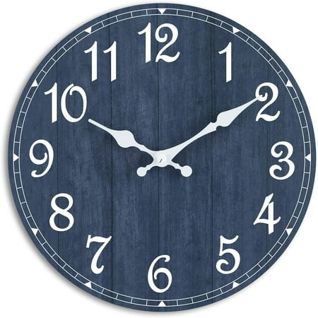 Wall Clock, 10 Inch Wall Clocks Battery Operated Silent Non Ticking, Round Wooden Rustic Clocks Decor for Kitchen, Bathroom, Living Room, Home, Bedrooms, Office (Navy Blue)