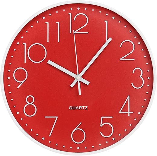 Wall Clock 12 Inch Non-Ticking Silent Modern Simple Style Round Decor Clock Red Stereoscopic Dial Quartz Wall Clocks for Home/Office/School/Living Room/Bedroom/Kitchen