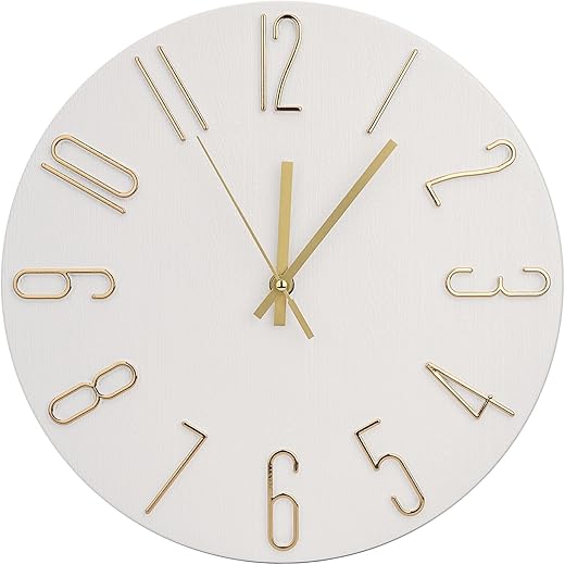 Wall Clock 12 Inch Silent Non-Ticking Imitation Wood Indoor Clock Round White Decor Clock Modern 3D Figures Quartz Wall Clocks for Home, Hotel, Office, School, Bedroom, Living Room, Kitchen