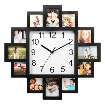 Wall Clock, 2-in-1 Plastic Wall-Mounted Photo Frame Clock Picture Collage 12-Pictures Display Wall Clock Photowall Wall Hanging Home Decor Living Room Decoration