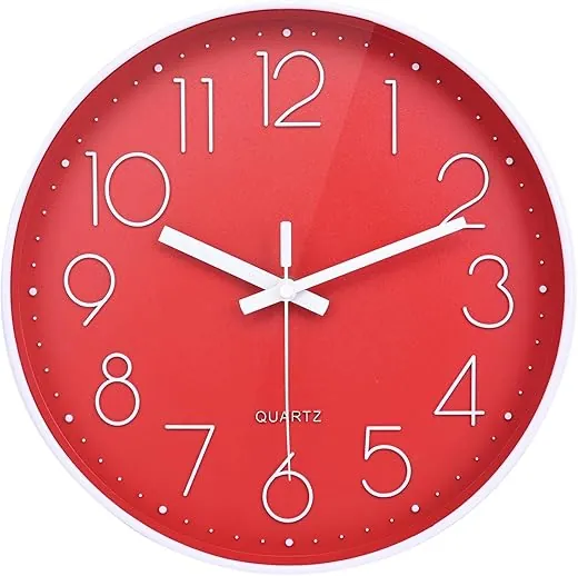 Wall Clock Battery Operated Non-Ticking Modern Analog Wall Clocks for Kitchen, Bedroom Decor (10 Inch, Red)