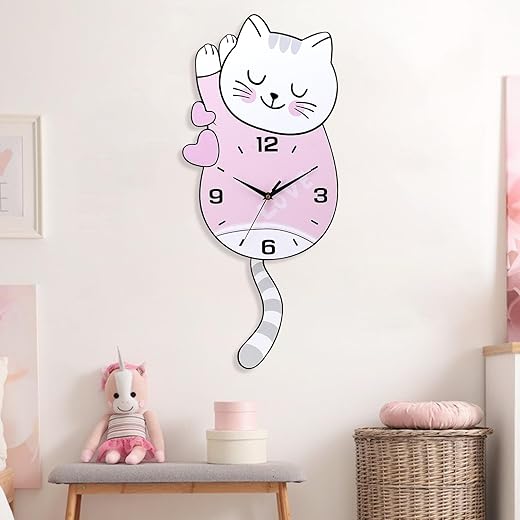 Wall Clock,Cute Pink Cat Wall Clock with Colorful Cat Pattern 3d Swing Tail Pendulum for Kids,Battery Operated Non-ticking Decorative Wall Clocks for Living Room Bedroom Kitchen Home Decor,11x25.6inch