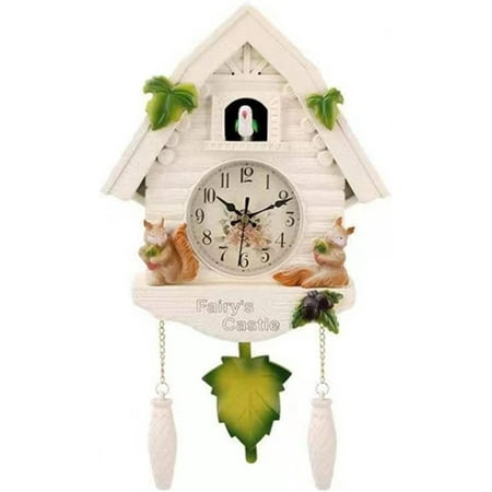 Wall Clock,European Pastoral Style Resin Cuckoo Wall Clock Bird for Time Bell Swing Alarm Watch Cartoon Vintage Antique Home Art Decoration, 26*42cm, White Squirrel