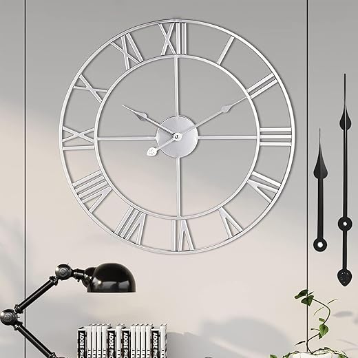 Wall Clock For Living Room Decor - 24 Inch Silent Non-Ticking Decorative Large Wall Clock, Battery Operated Vintage Retro Roman Numerals Metal Silver Wall Clock for Farmhouse, Kitchen, Bedroom Office