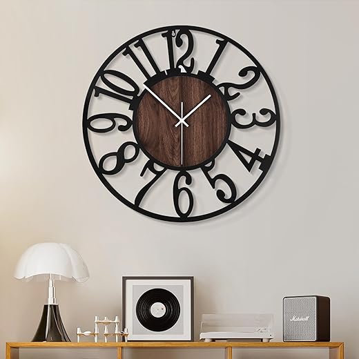 Wall Clock for Living Room Decor- Decorative Antique 16 inches or Larger Silent Non Ticking Black Metal Wood Clocks for Farmhouse,Dining Room,Bedroom,Kitchen,Home Battery Operated Clock Wall Decor