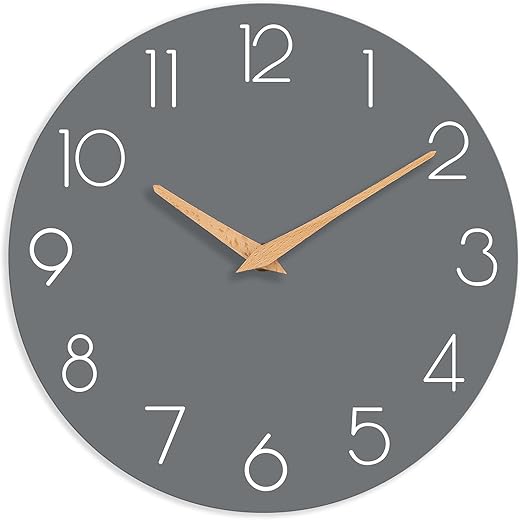 Wall Clock, Gray Wooden Silent Non-Ticking, Decorative Battery Operated Wall Clocks for Bedroom, Kitchen, Home, Living Room, Office, School, Hotel (8 Inch)