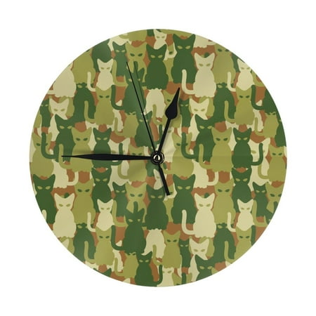 Wall Clock Green Cat Camouflage Wall Clocks Battery Operated, Modern Wall Clock for Bedroom, Classroom, Living Room, Office, Home Decor