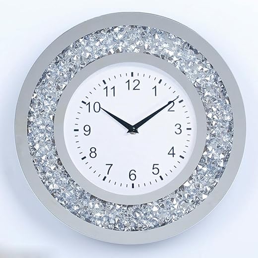 Wall Clock Living Room Decor Crushed Diamond Mirror Bathroom Clocks Wall Crystal Decorations for Home (Silver-Round 35CM)