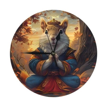 Wall Clock, Maple Leaf Meditating Squirrel Wall Clocks Battery Operated Silent Kitchen Office Wall Clock Decorative, Wall Clock for School Classroom Living Room Bedroom Home Decor